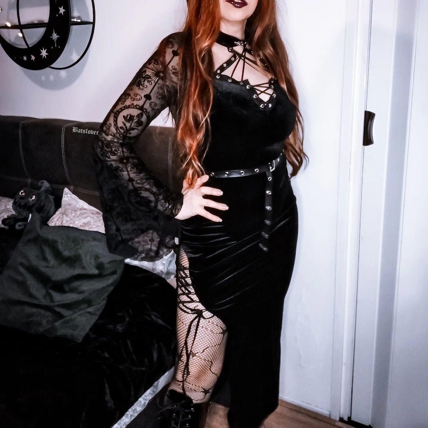 Kobine Women's Gothic Flare Sleeved Velvet Slit Maxi Dress