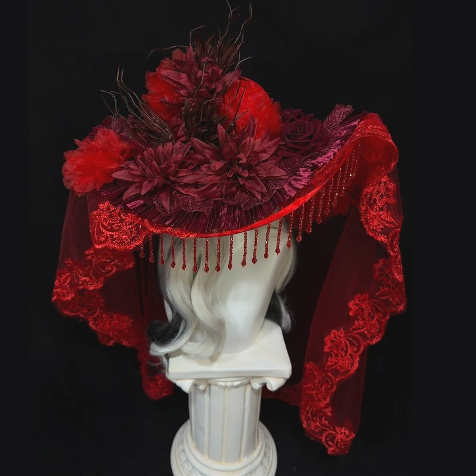 Kobine Women's Gothic Floral Beaded Tassel Wide Brim Veiled Hat