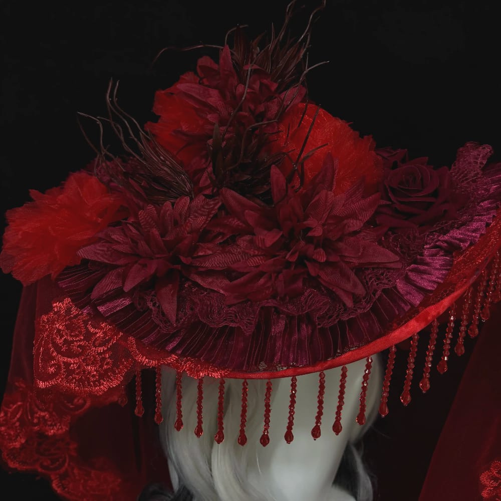 Kobine Women's Gothic Floral Beaded Tassel Wide Brim Veiled Hat