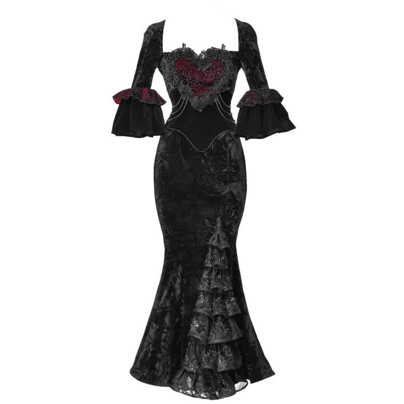 Kobine Women's Gothic Floral Chain Flare Sleeve Mermaid Maxi Dress