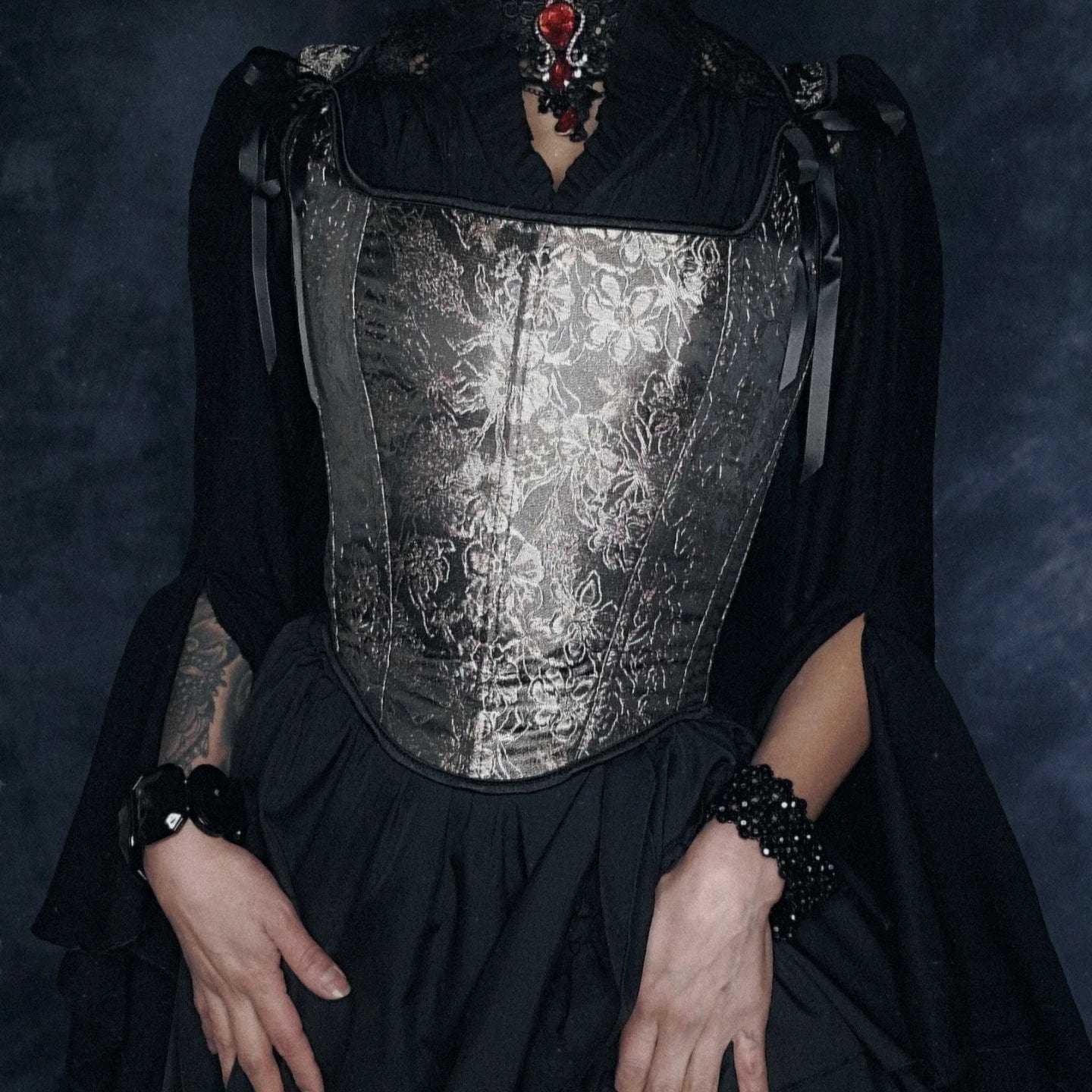 Kobine Women's Gothic Floral Embroidered Shoulder Strap Overbust Corset