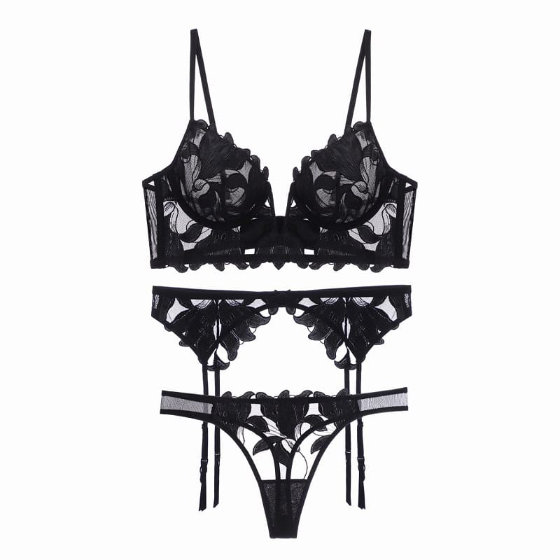 Kobine Women's Gothic Floral Mesh Embroidered Lace Lingerie Set