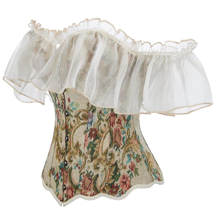 Kobine Women's Gothic Floral Printed Off Shoulder Lace Sleeved Overbust Corset