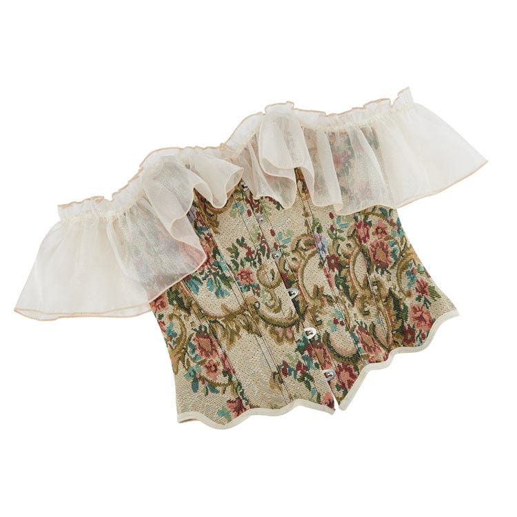Kobine Women's Gothic Floral Printed Off Shoulder Lace Sleeved Overbust Corset
