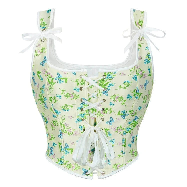 Kobine Women's Gothic Floral Printed Shoulder Strap Overbust Corset