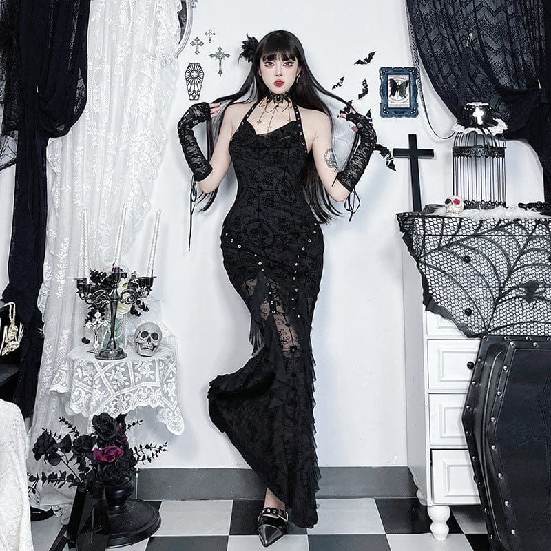 Kobine Women's Gothic Halterneck Flocking Mesh Fishtail Dress