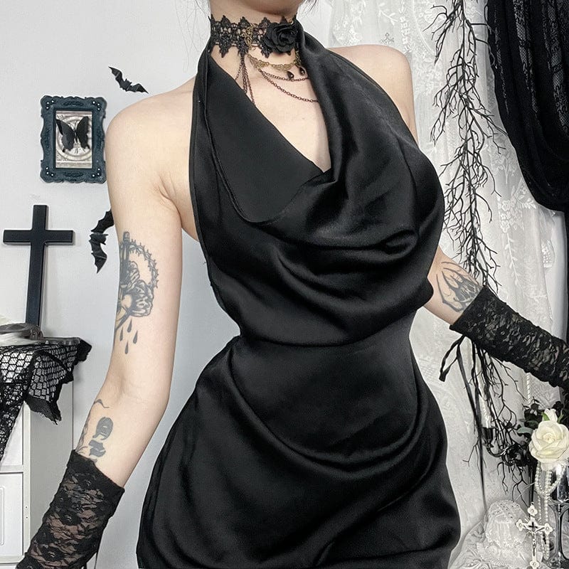 Kobine Women's Gothic Halterneck Mesh Splice Prom Dress