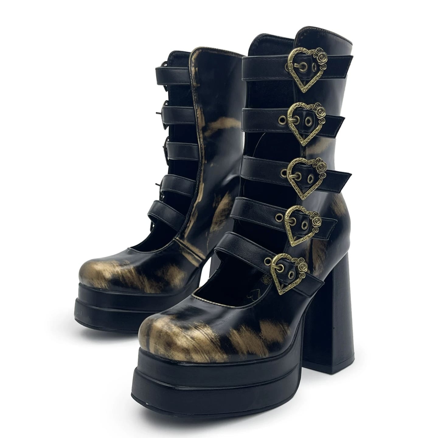 Kobine Women's Gothic Heart‑Shaped Buckle Multi‑Strap Cutout Platform Block Heel Boots