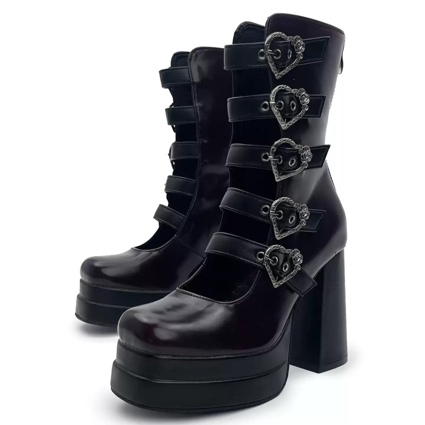 Kobine Women's Gothic Heart‑Shaped Buckle Multi‑Strap Cutout Platform Block Heel Boots