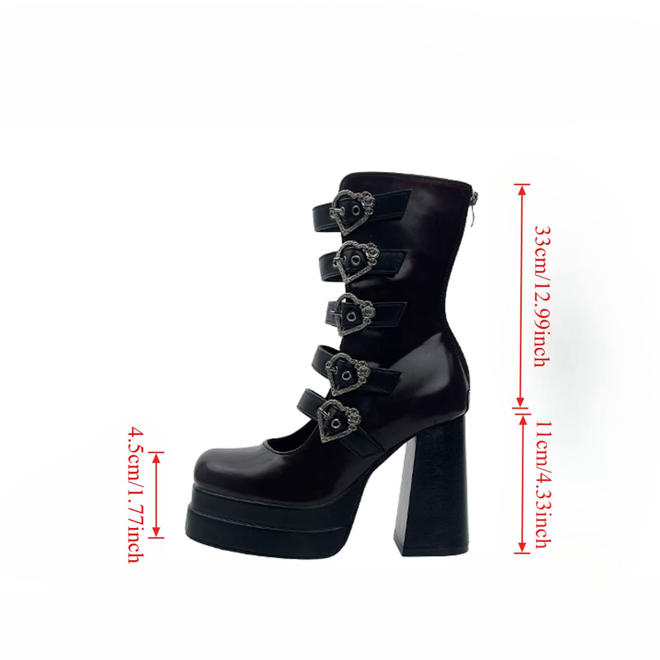 Kobine Women's Gothic Heart‑Shaped Buckle Multi‑Strap Cutout Platform Block Heel Boots