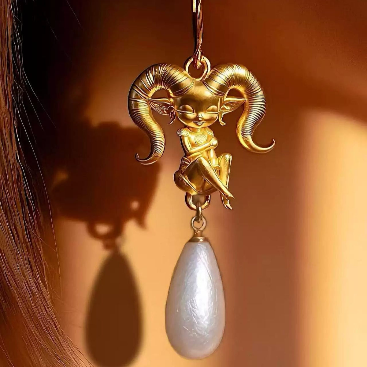 Kobine Women's Gothic Horned Girl Pearl Drop Hook Earrings