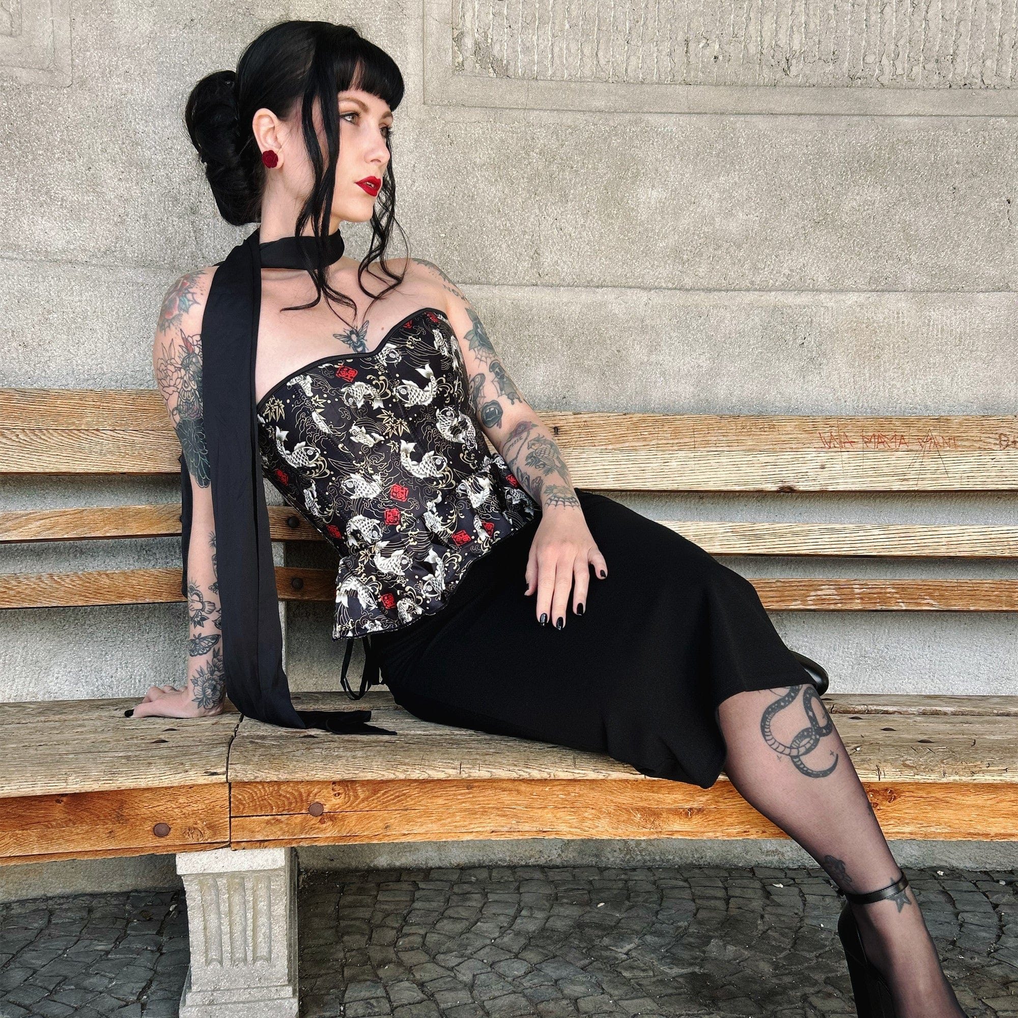 Kobine Women's Gothic Koi Fish Printed Ruffled Overbust Corset