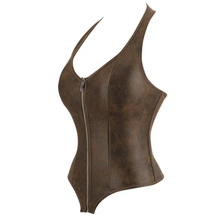 Kobine Women's Gothic Lace-up Zip Halterneck Overbust Corset