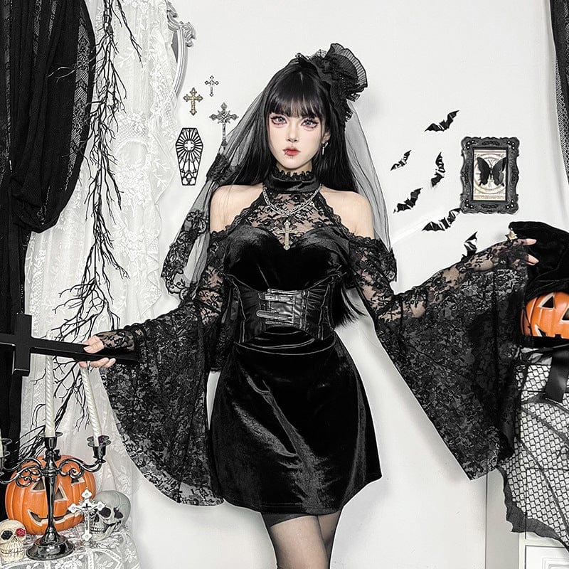 Kobine Women's Gothic Lace Velvet Halter Short Dress