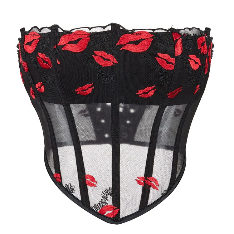 Kobine Women's Gothic Lip Printed Mesh Overbust Corset