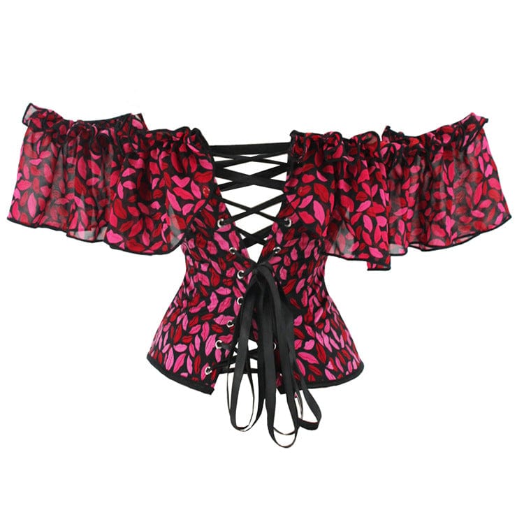 Kobine Women's Gothic Lip Printed Ruffled Overbust Corset