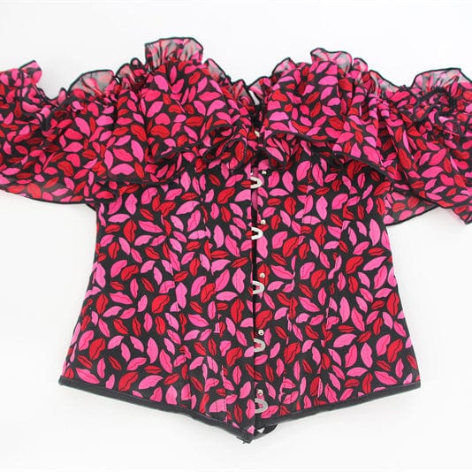 Kobine Women's Gothic Lip Printed Ruffled Overbust Corset