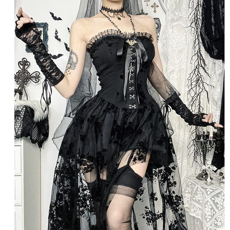 Kobine Women's Gothic Off-the-shoulder Floral Mesh Splice Party Dress