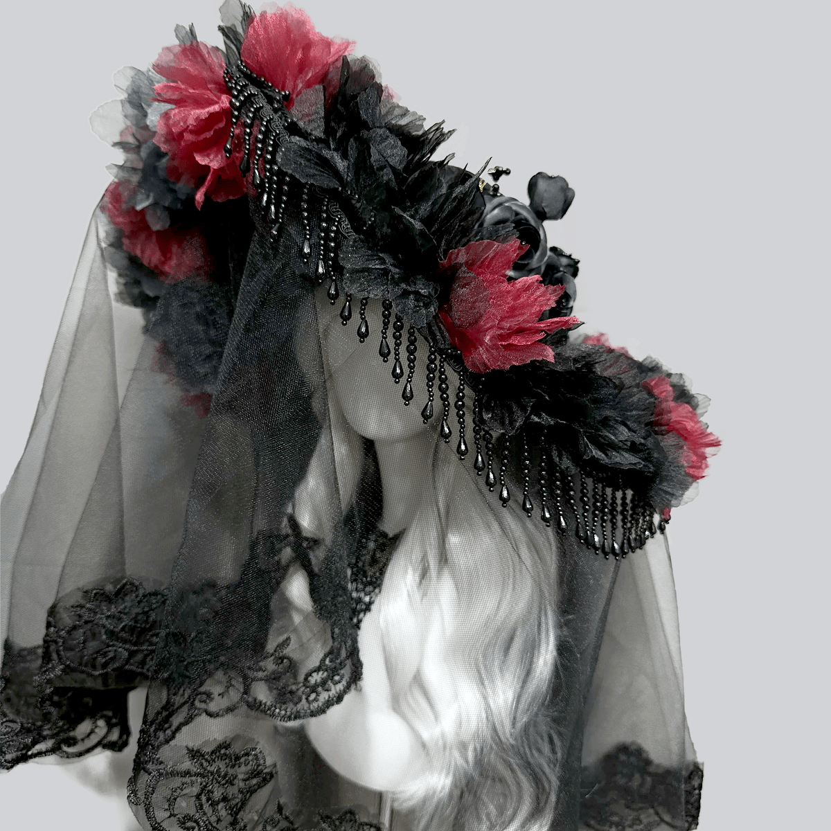 Kobine Women's Gothic Organza Floral Tassels Wide Brim Veiled Hat