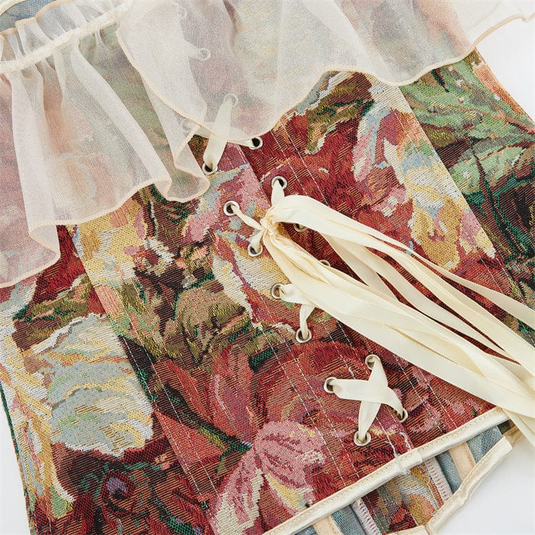 Kobine Women's Gothic Printed Off Shoulder Lace Sleeved Lace-up Overbust Corset