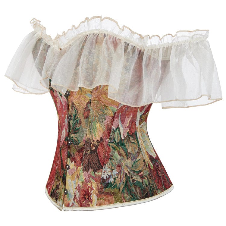 Kobine Women's Gothic Printed Off Shoulder Lace Sleeved Lace-up Overbust Corset