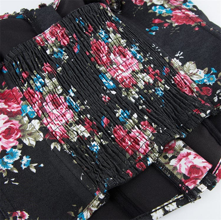 Kobine Women's Gothic Puff Sleeved Floral Printed Overbust Corset