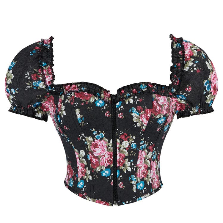 Kobine Women's Gothic Puff Sleeved Floral Printed Overbust Corset
