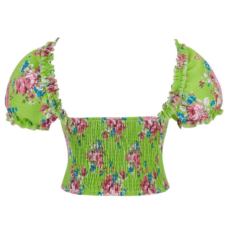 Kobine Women's Gothic Puff Sleeved Floral Printed Overbust Corset