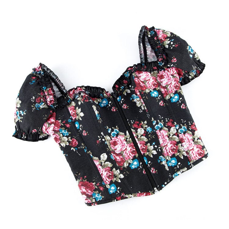 Kobine Women's Gothic Puff Sleeved Floral Printed Overbust Corset
