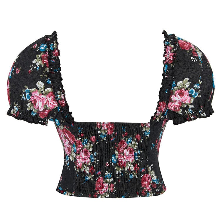 Kobine Women's Gothic Puff Sleeved Floral Printed Overbust Corset