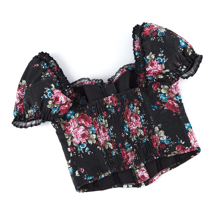 Kobine Women's Gothic Puff Sleeved Floral Printed Overbust Corset