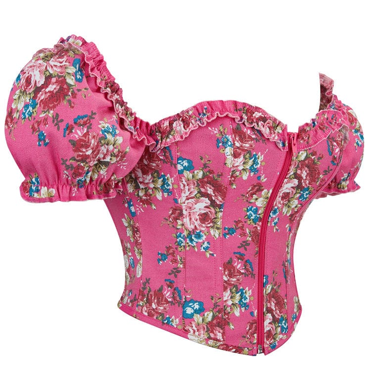 Kobine Women's Gothic Puff Sleeved Floral Printed Overbust Corset