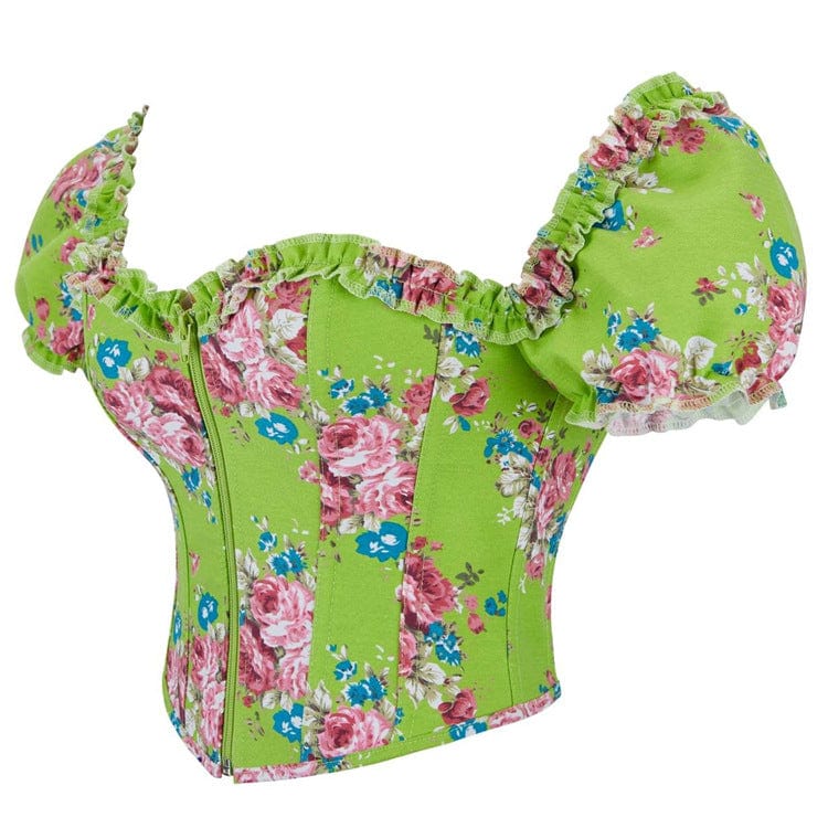 Kobine Women's Gothic Puff Sleeved Floral Printed Overbust Corset