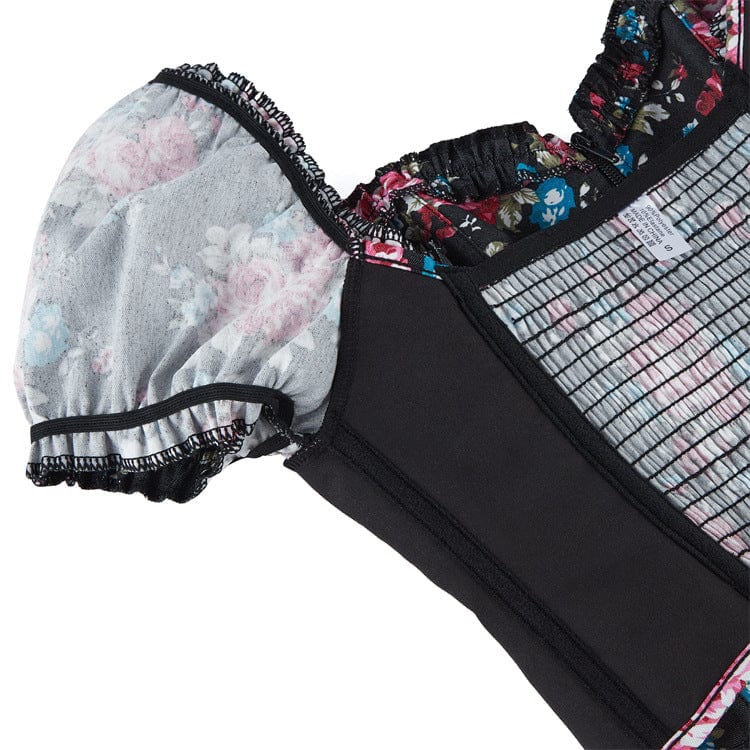 Kobine Women's Gothic Puff Sleeved Floral Printed Overbust Corset