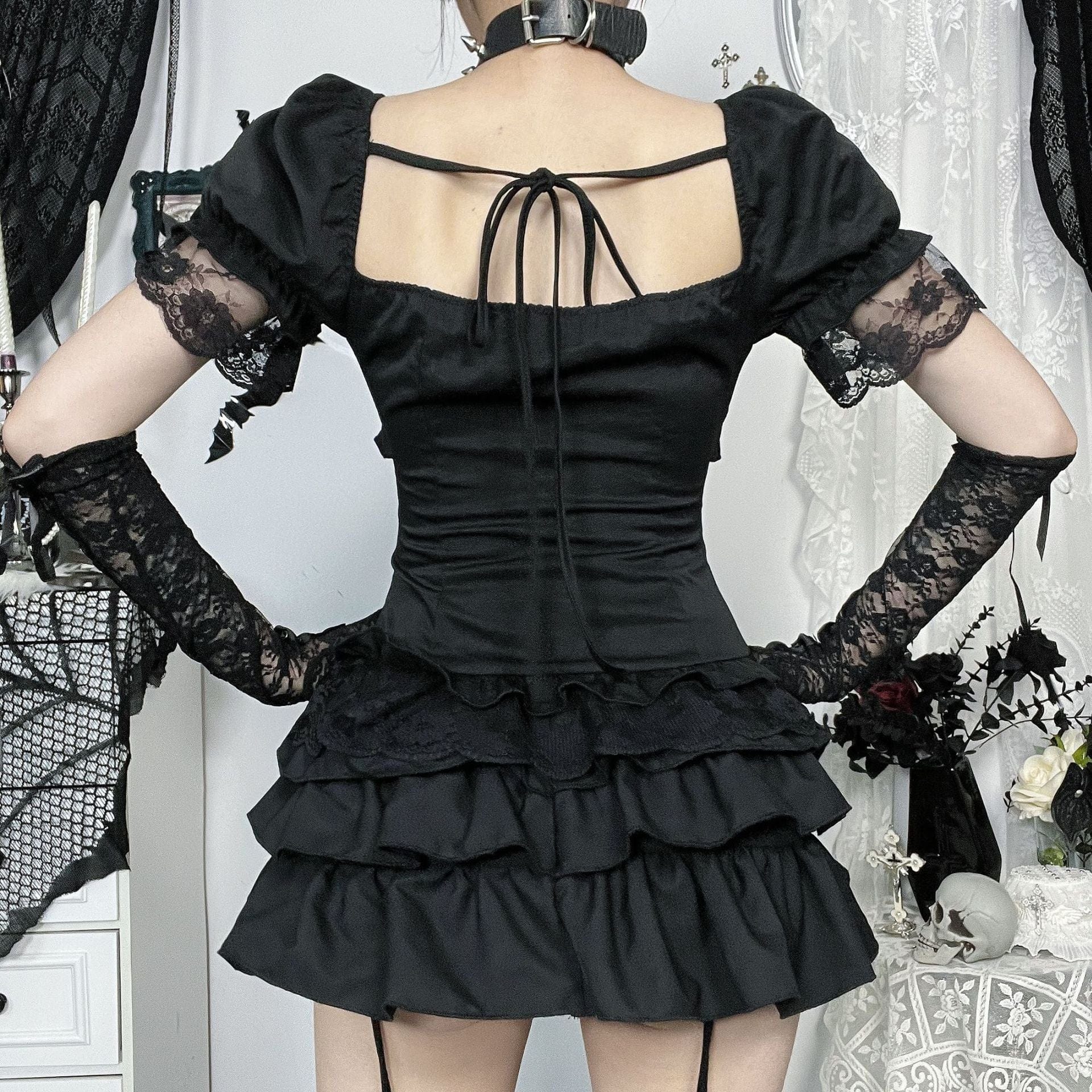 Kobine Women's Gothic Puff Sleeved Lace Hem Lace-up Shirt