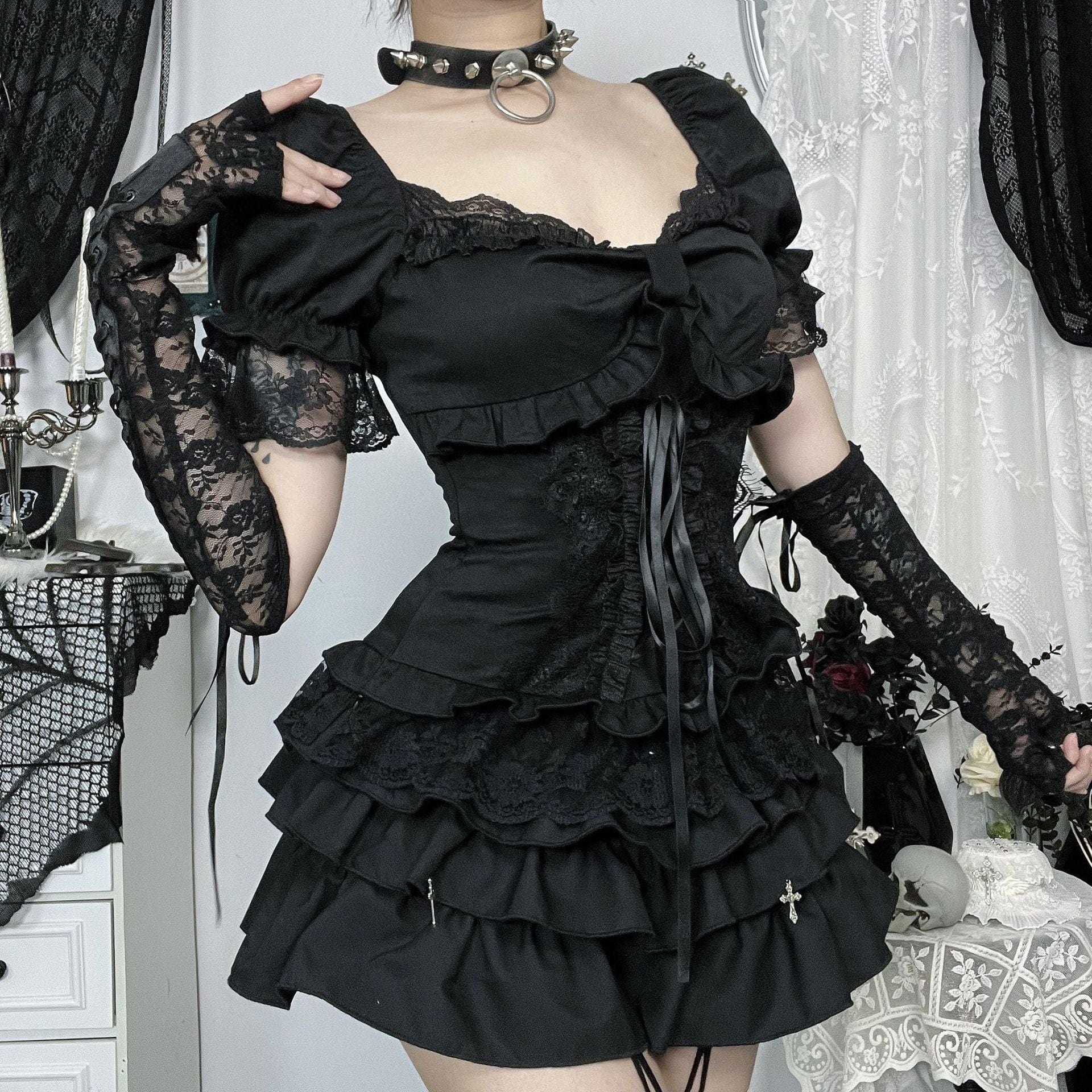 Kobine Women's Gothic Puff Sleeved Lace Hem Lace-up Shirt