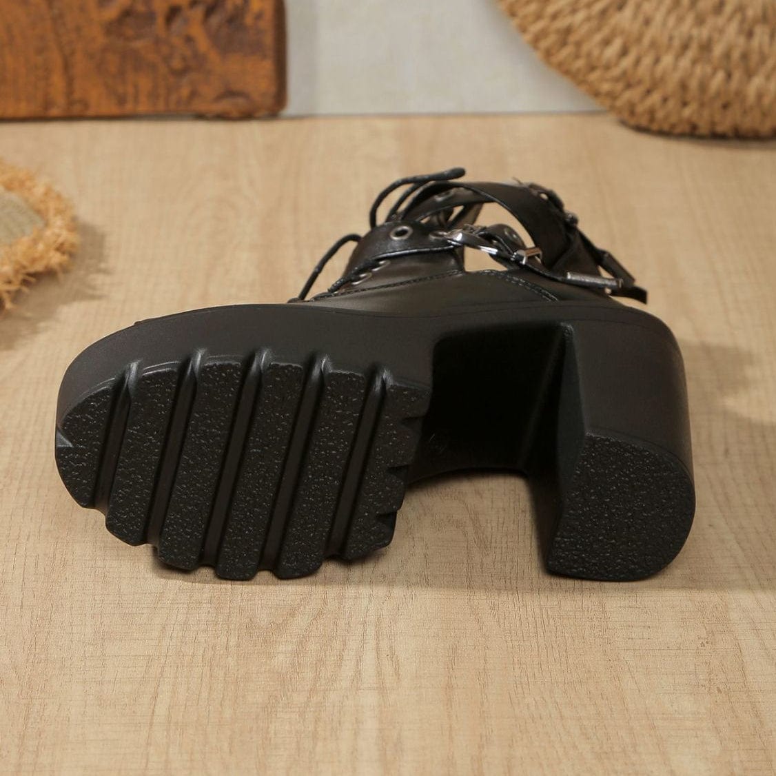 Kobine Women's Gothic Punk Lace-up Buckles Peep-toe Boots