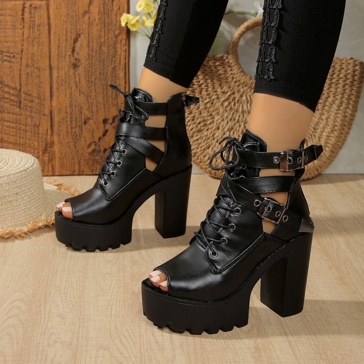 Kobine Women's Gothic Punk Lace-up Buckles Peep-toe Boots