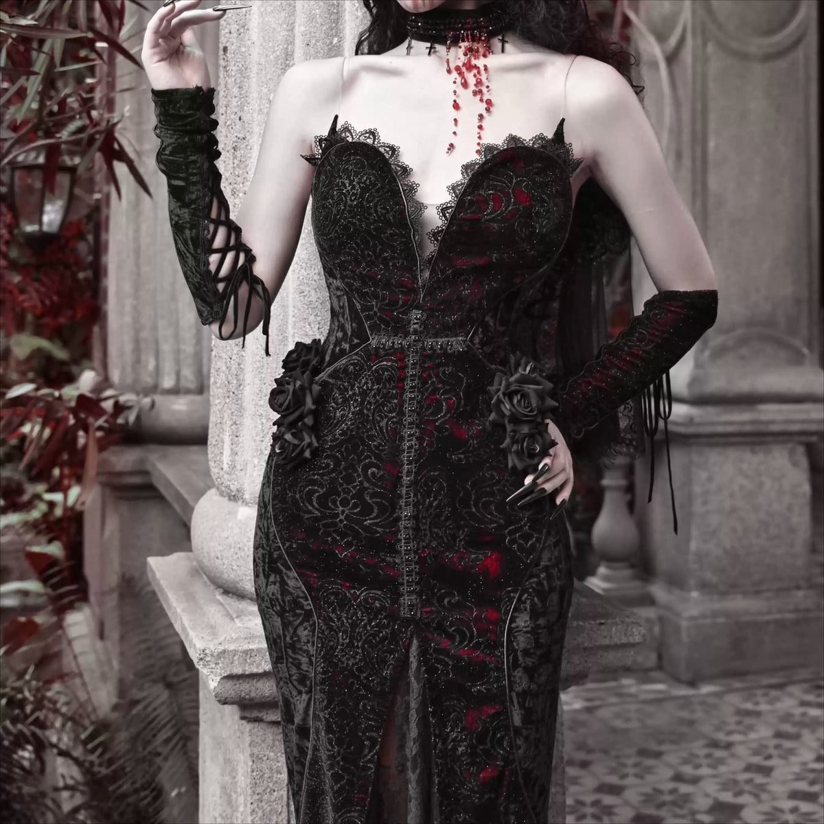 Kobine Women's Gothic Rose Beaded Cross Velvet Maxi Dress