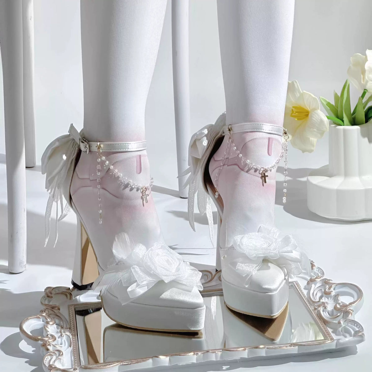 Kobine Women's Gothic Rose Bow Chain Platform High Heels