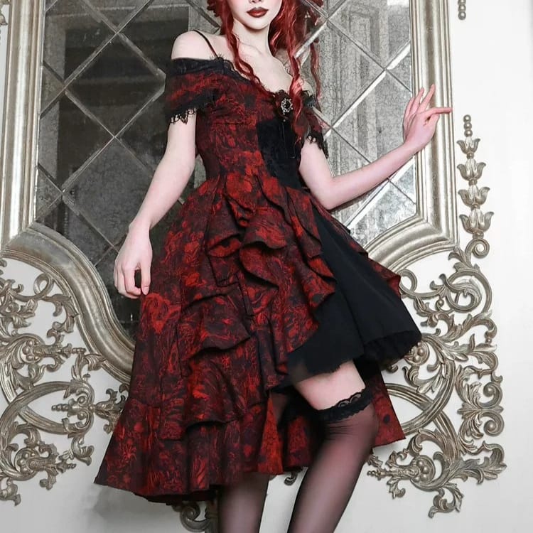 Women's Gothic Rose Jacquard High/Low Hem Off-the-shoulder Dress - Punk Design