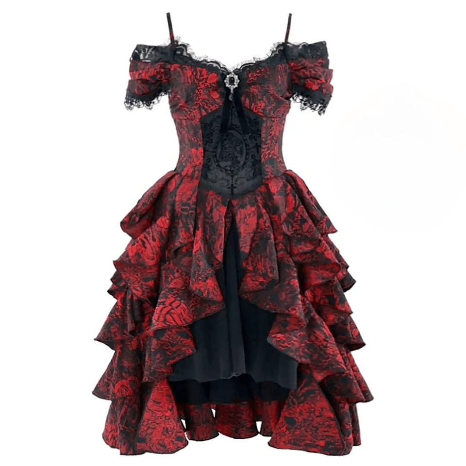 Women's Gothic Rose Jacquard High/Low Hem Off-the-shoulder Dress - Punk Design