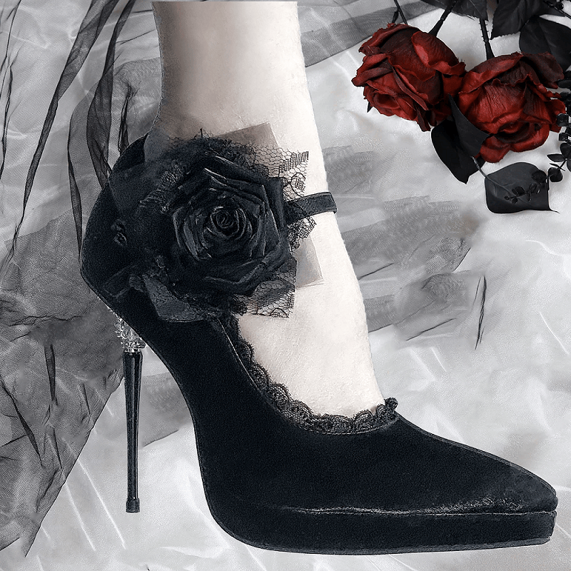 Kobine Women's Gothic Rose Lace Trim Ankle Strap Platform Stilettos