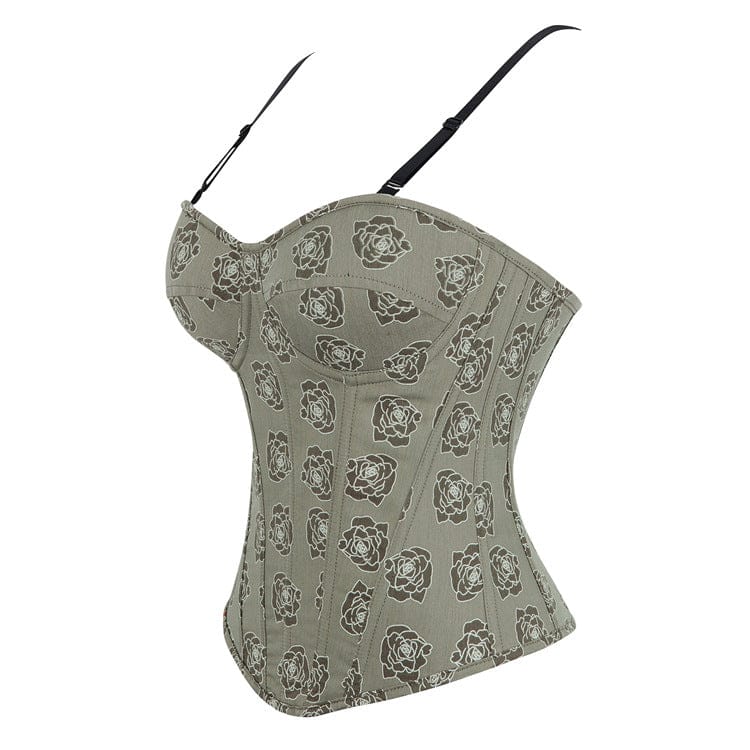 Kobine Women's Gothic Rose Printed Side Zipper Lace-up Overbust Corset