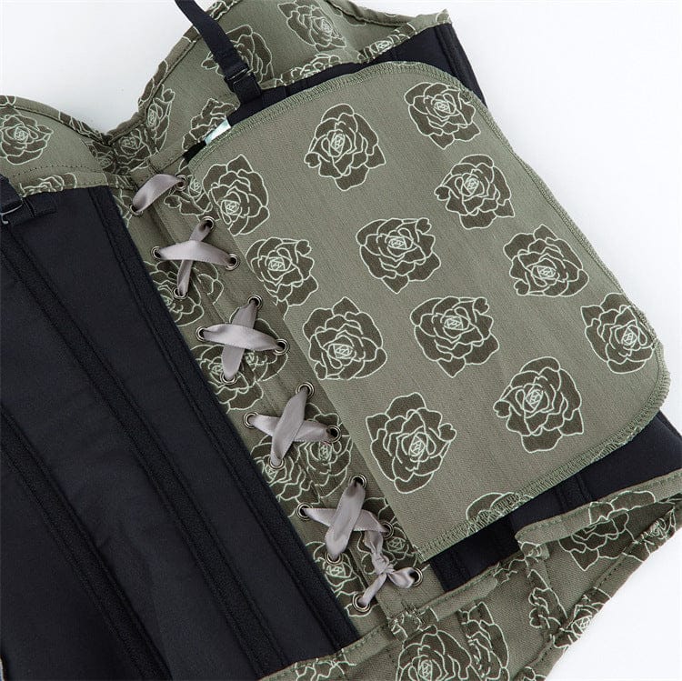 Kobine Women's Gothic Rose Printed Side Zipper Lace-up Overbust Corset