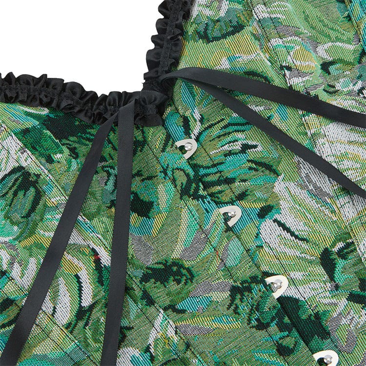 Kobine Women's Gothic Ruffled Floral Printed Lace-up Overbust Corset