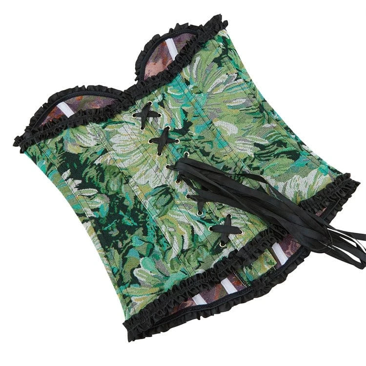 Kobine Women's Gothic Ruffled Floral Printed Lace-up Overbust Corset