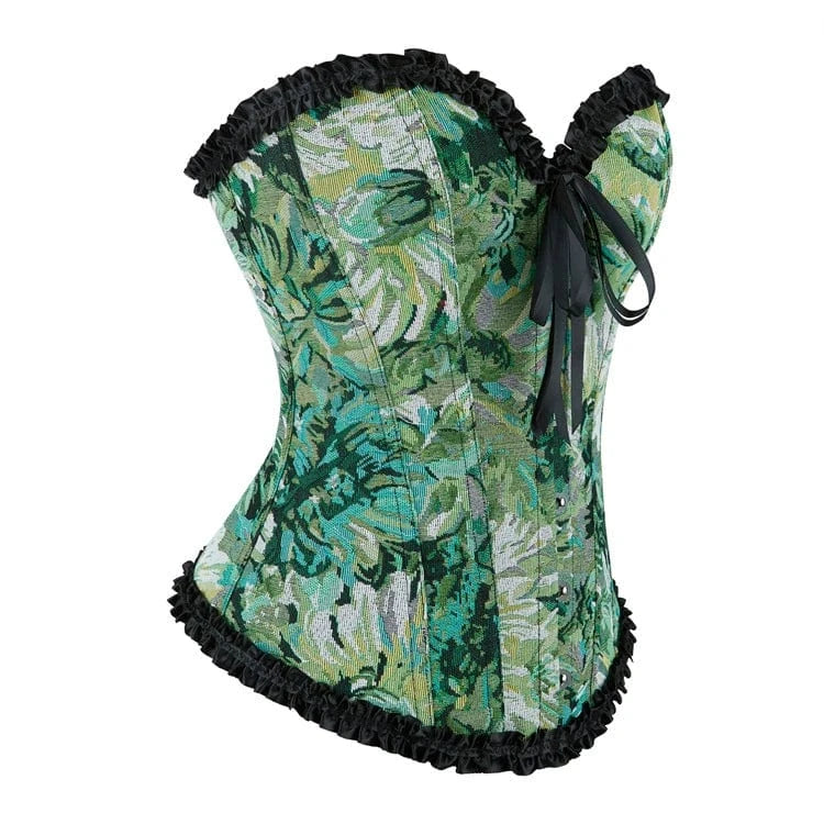 Kobine Women's Gothic Ruffled Floral Printed Lace-up Overbust Corset