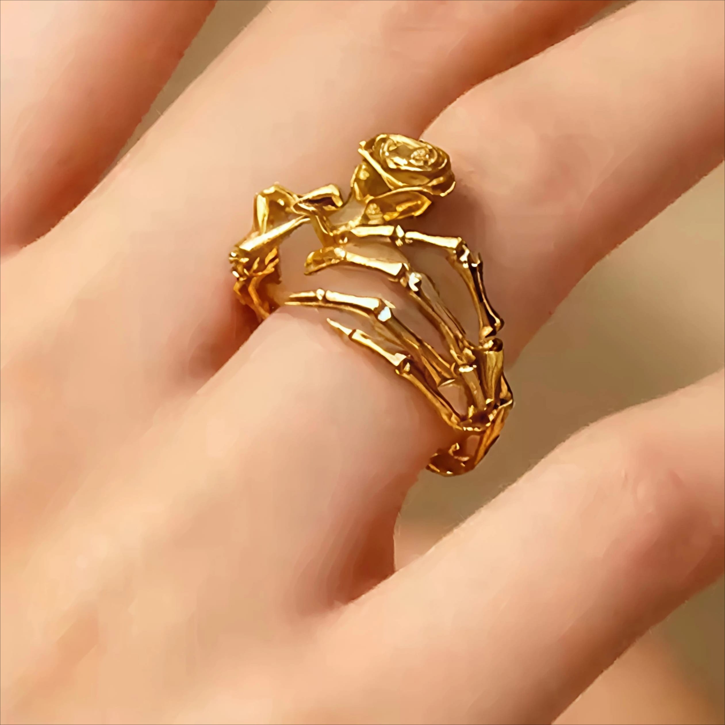 Kobine Women's Gothic Skeleton Hand Rose Open Band Ring