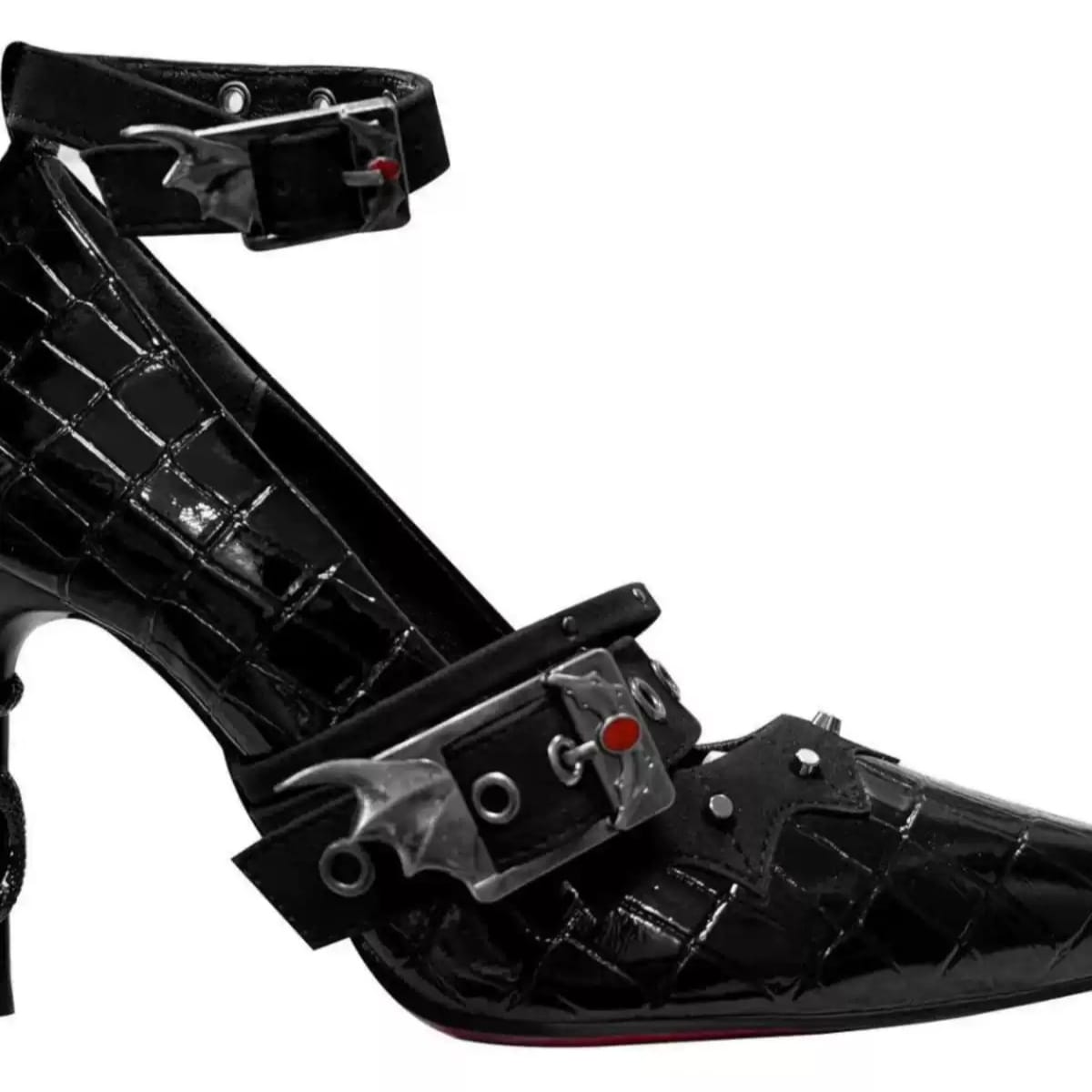 Kobine Women's Gothic Snakeskin Bat Wing Buckle Ankle Strap Stilettos